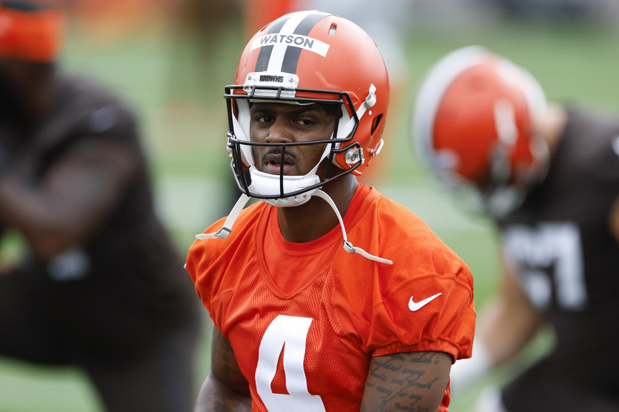 Even though 20 of the 24 civil suits against Cleveland Browns quarterback Deshaun Watson have been settled, the first and potentially most problematic for him remains. (AP Photo/Ron Schwane)