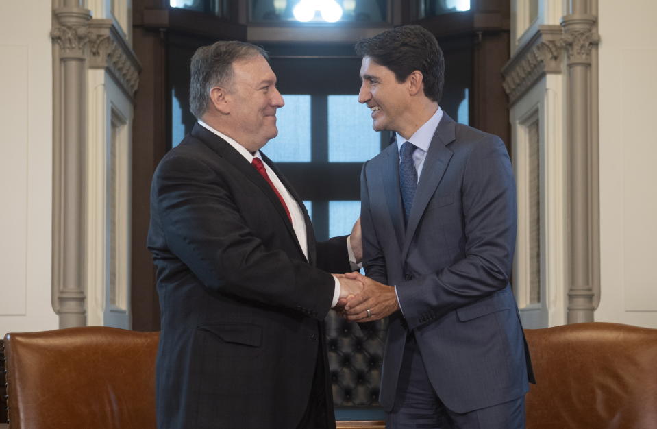 Canadian Prime Minister Justin Trudeau meets with U.S. Secretary of State Mike Pompeo on Parliament Hill in Ottawa, Thursday Aug. 22, 2019. (Adrian Wyld/The Canadian Press via AP)