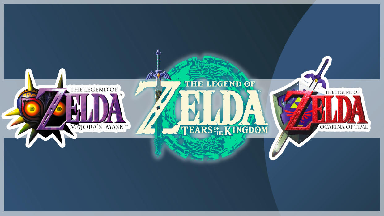  A shot of 3 various Zelda logos with a white border on a dark background 