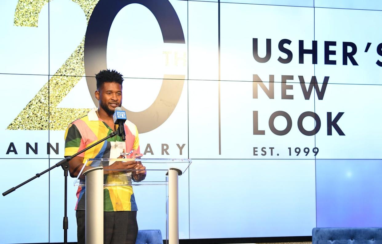 <span class="caption">Usher, shown speaking in 2019 at an event hosted by the nonprofit he started, and two other celebrities shot five episodes of the canceled series.</span> <span class="attribution"><a class="link " href="https://www.gettyimages.com/detail/news-photo/recording-artist-usher-onstage-during-usher-new-look-news-photo/1164061876?adppopup=true" rel="nofollow noopener" target="_blank" data-ylk="slk:Paras Griffin/Getty Images;elm:context_link;itc:0;sec:content-canvas">Paras Griffin/Getty Images</a></span>