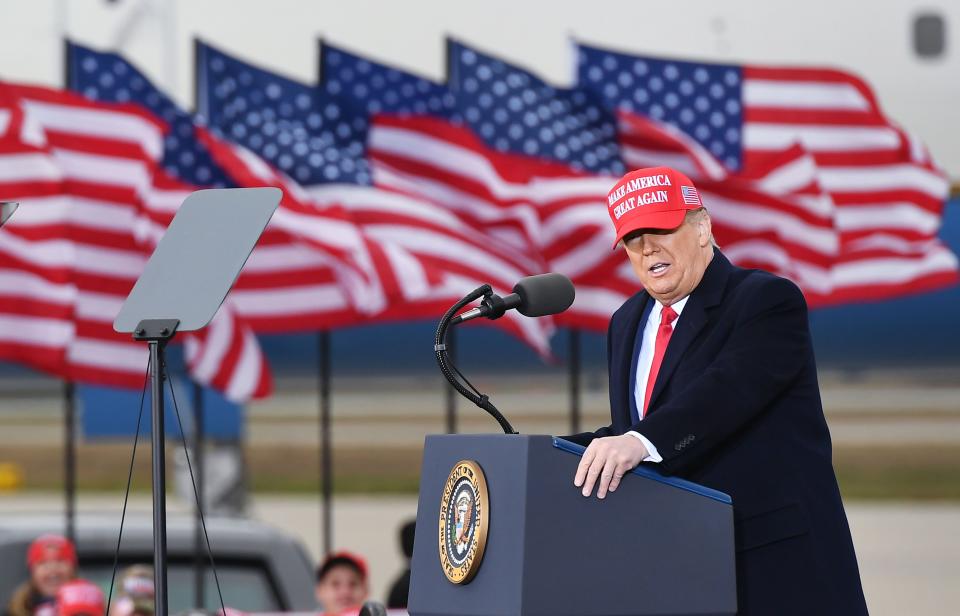 President Donald Trump speaks during a rally at Muskegon County Airport in Muskegon, Michigan on October 17, 2020.