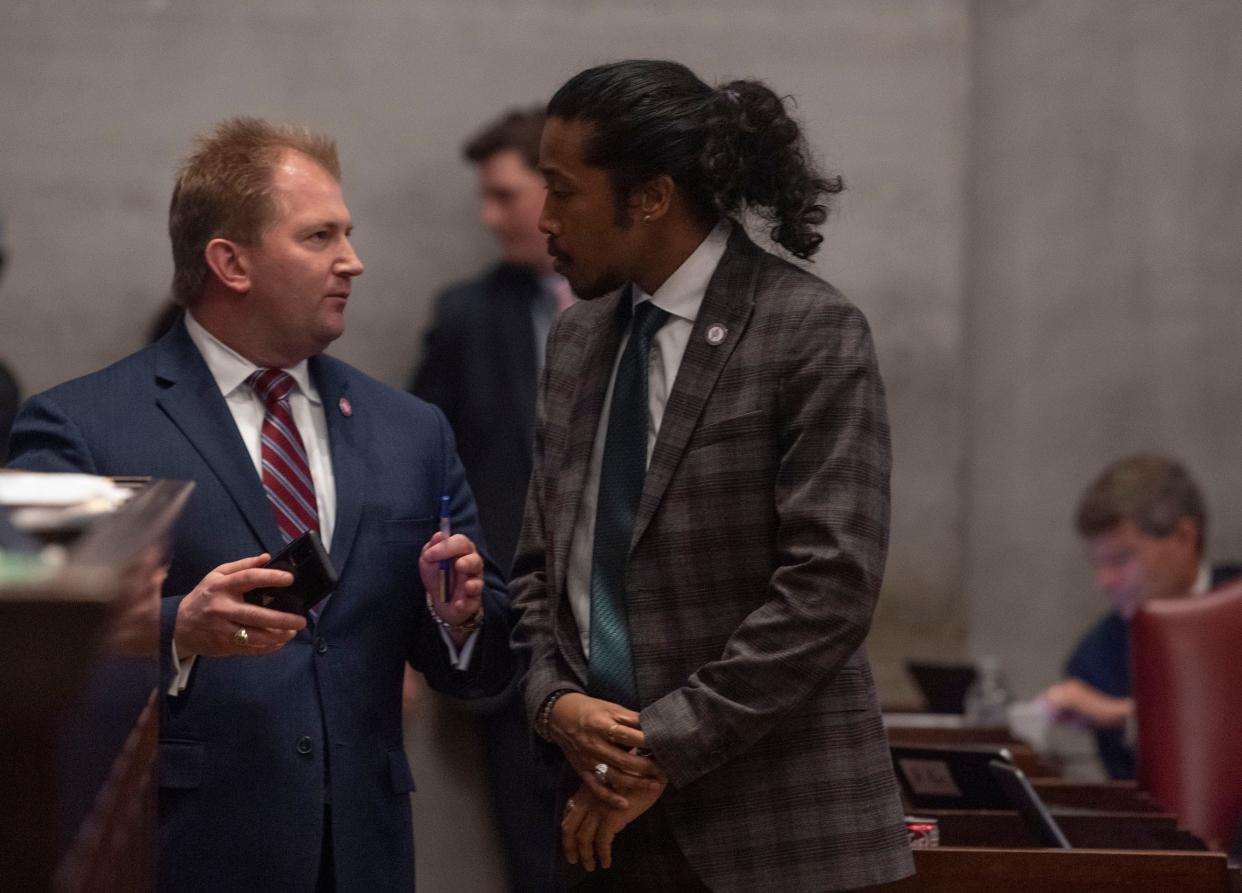 House Majority Leader William Lamberth R- Portland, speaks to Rep. Justin Jones, D-Nashville, on the final day of the 113th Tennessee General Assembly on April 25, 2024.