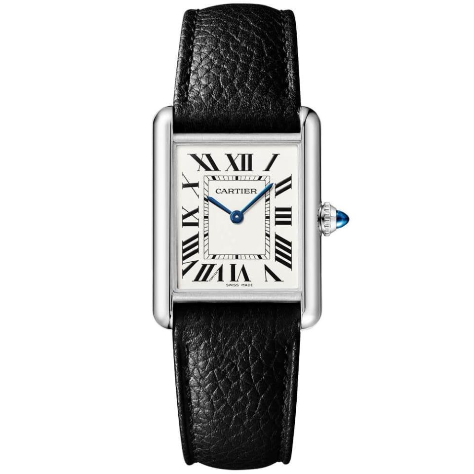 A Cartier Tank with a black leather strap