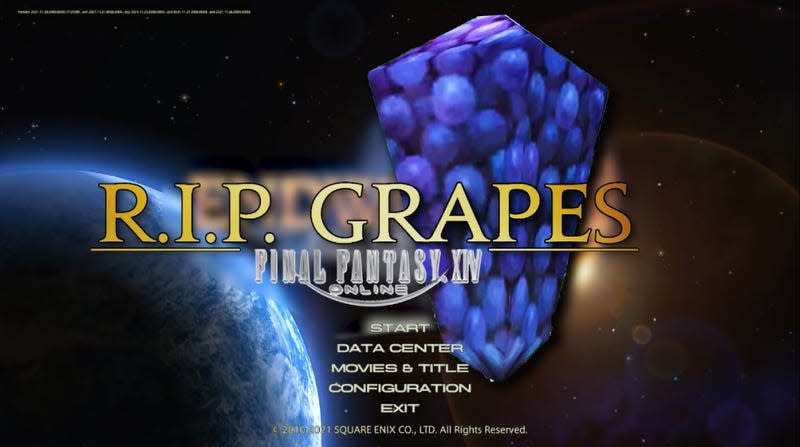 Text reading &quot;R.I.P. Grapes&quot; is written across the start screen of FFXIV.