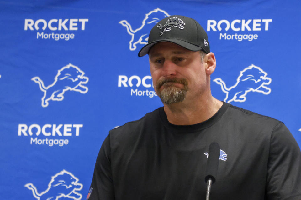 Detroit Lions head coach Dan Campbell speaks to reporters following an NFL football game against the Dallas Cowboys, Saturday, Dec. 30, 2023, in Arlington, Texas. The Cowboys won 20-19. (AP Photo/Michael Ainsworth)