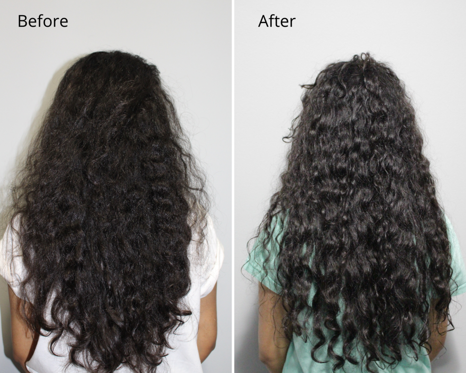 Before and after results showcasing long curly hair using the intense bond repair hair mask.