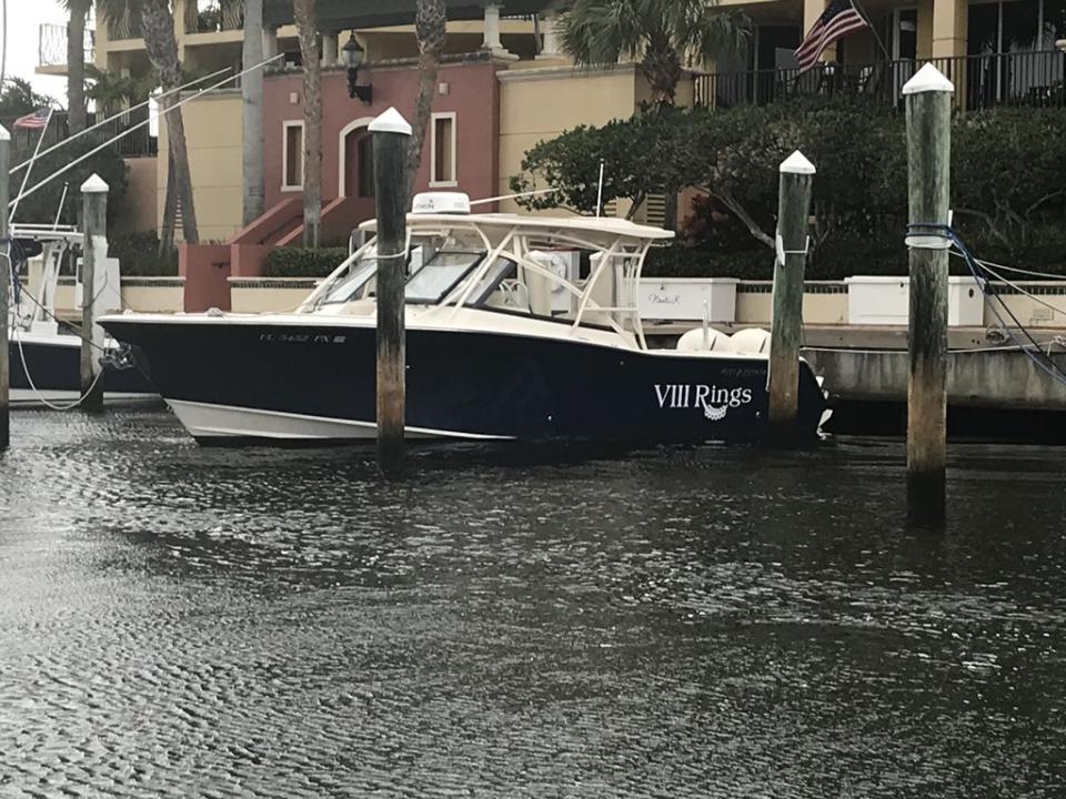 Bill Belichick’s boat, newly renamed to “VIII Rings.” (Evan Landry/Twitter)