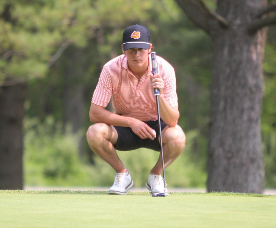 Brighton's Andrew Daily shot 75 to tie for ninth in the KLAA golf tournament Tuesday, May 23, 2023 at Kensington Metropark Golf Course.