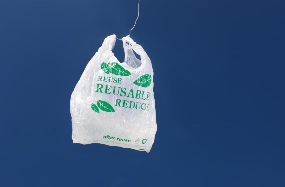 A photo illustration of a single-use plastic bag on a hook