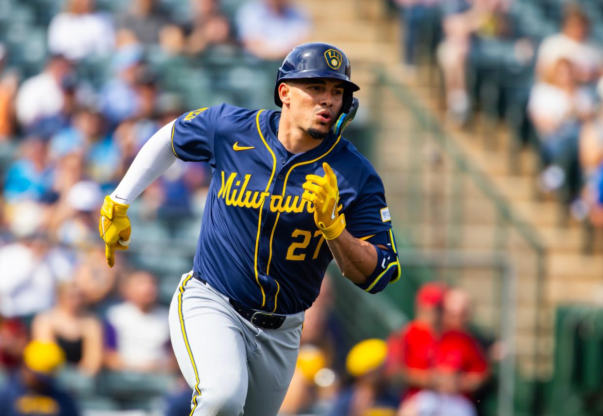 Feb 27, 2024; Tempe, Arizona, USA; Milwaukee Brewers infielder Willy Adames against the Los Angeles Angels during a spring training game at Tempe Diablo Stadium. Mandatory Credit: Mark J. Rebilas-USA TODAY Sports