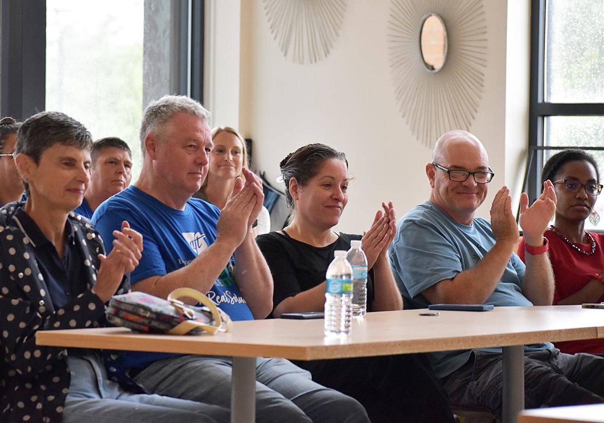 U.S. Senator Elizabeth Warren, Jessica Tang, President of AFT Massachusetts and Randi Weingarten, President of the American Federation of Teachers speak at Kuss Middle School Tuesday August 6, 2024.