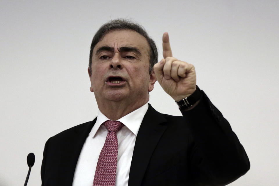 Nissan's former chairman Carlos Ghosn, speaks at a press conference in Beirut, Lebanon, Wednesday, Jan. 8, 2020. (AP Photo/Maya Alleruzzo)