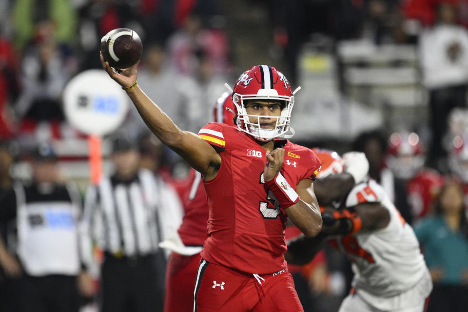 Maryland quarterback Taulia Tagovailoa (3) passes during the second half of an NCAA college football game against Illinois, Saturday, Oct. 14, 2023, in College Park, Md. Illinois won 27-24. (AP Photo/Nick Wass)