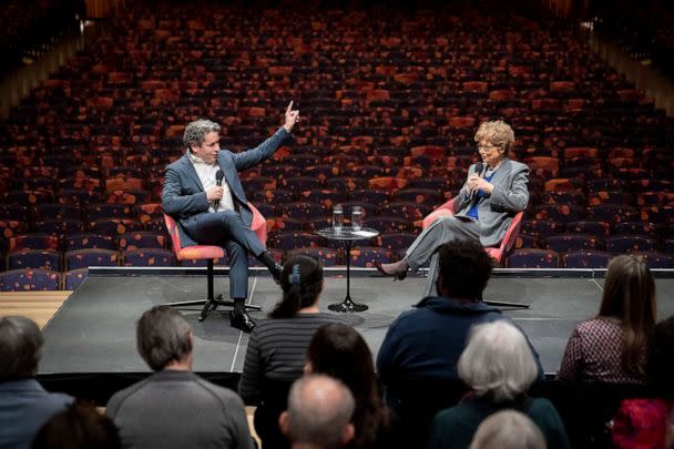 PHOTO: Gustavo Dudamel, left, is introduced as the New York Philharmonic's 27th music and artistic director,Feb. 20, 2023, in the newly renovated David Geffen Hall at Lincoln Center for the Performing Arts in New York. (John Minchillo/AP)