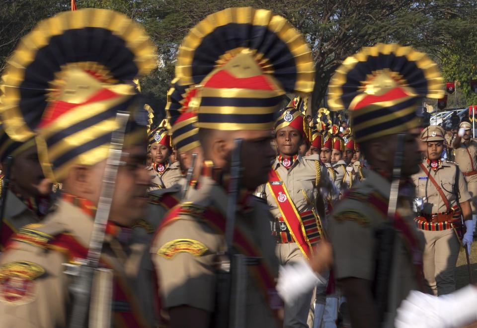 Indian Railway Protection Force (RAF) personnel march during Republic Day celebrations in Hyderabad, India, Thursday, Jan. 26, 2023. Thursday's event marks the anniversary of the adoption of the country’s constitution on Jan. 26, 1950, nearly three years after it won independence from British colonial rule. (AP Photo/Mahesh Kumar A.)