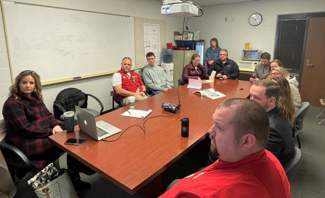 The North High stakeholder group, made up of school administrators, sports personnel, students and Gardner’s team, discusses what the mascot logo could look like.