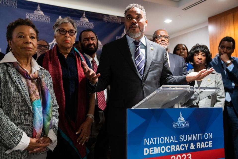 Rep. Steven Horsford, D-Nev., chairman of the Congressional Black Caucus, conducts a news conference following the CBC’s National Summit on Democracy & Race near Capitol Hill on Tuesday, May 9, 2023. (Tom Williams/CQ-Roll Call, Inc via Getty Images)