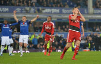 Soccer Football - Premier League - Everton vs Watford - Goodison Park, Liverpool, Britain - November 5, 2017 Watford's Tom Cleverley looks dejected after missing a penalty as Everton's Leighton Baines celebrates REUTERS/Peter Powell