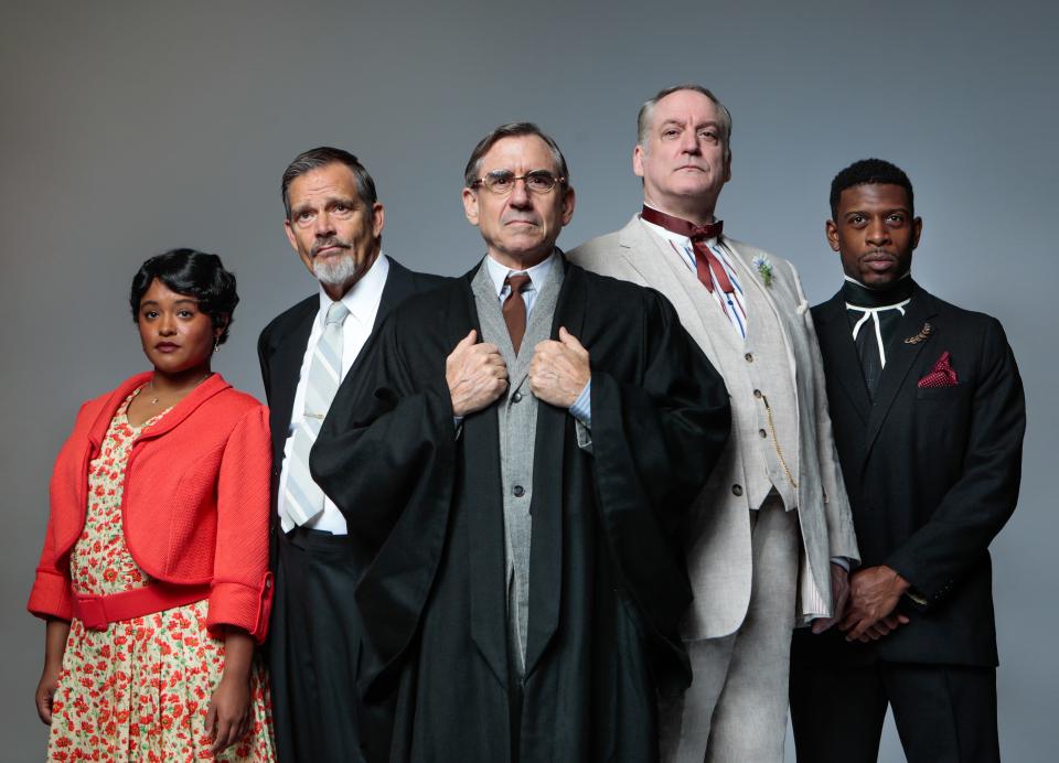 From left, Brielle Rivera Headrington, Mark Benninghofen, David Breitbarth, Andrew Long and Curtis Bannister star in “Inherit the Wind” at Asolo Repertory Theatre.