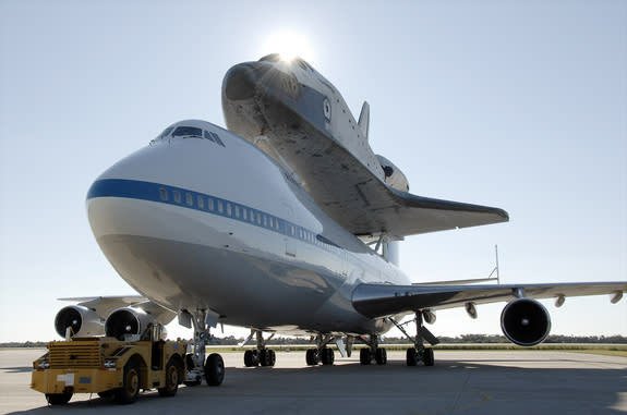 Space shuttle Endeavour, seen here in 2008 atop NASA's Boeing 747 carrier aircraft, will arrive in Los Angeles Sept. 20, 2012.