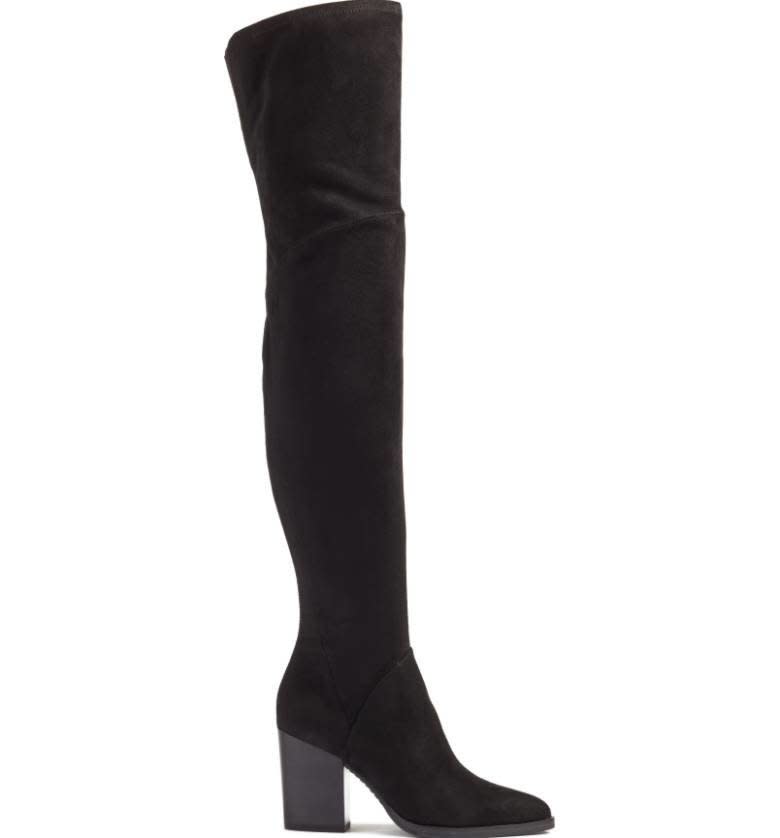 You want to avoid cutting off the length of your legs when it comes to midi skirts, so the easiest way to make your legs appear longer under a lot of fabric is knee high boots that provide a seamless blend from skirt to boot. Shop them <strong><a href="http://shop.nordstrom.com/s/marc-fisher-ltd-arrine-over-the-knee-boot-women/4622284?origin=category-personalizedsort&amp;fashioncolor=TAUPE%20FABRIC" target="_blank">here</a></strong>.