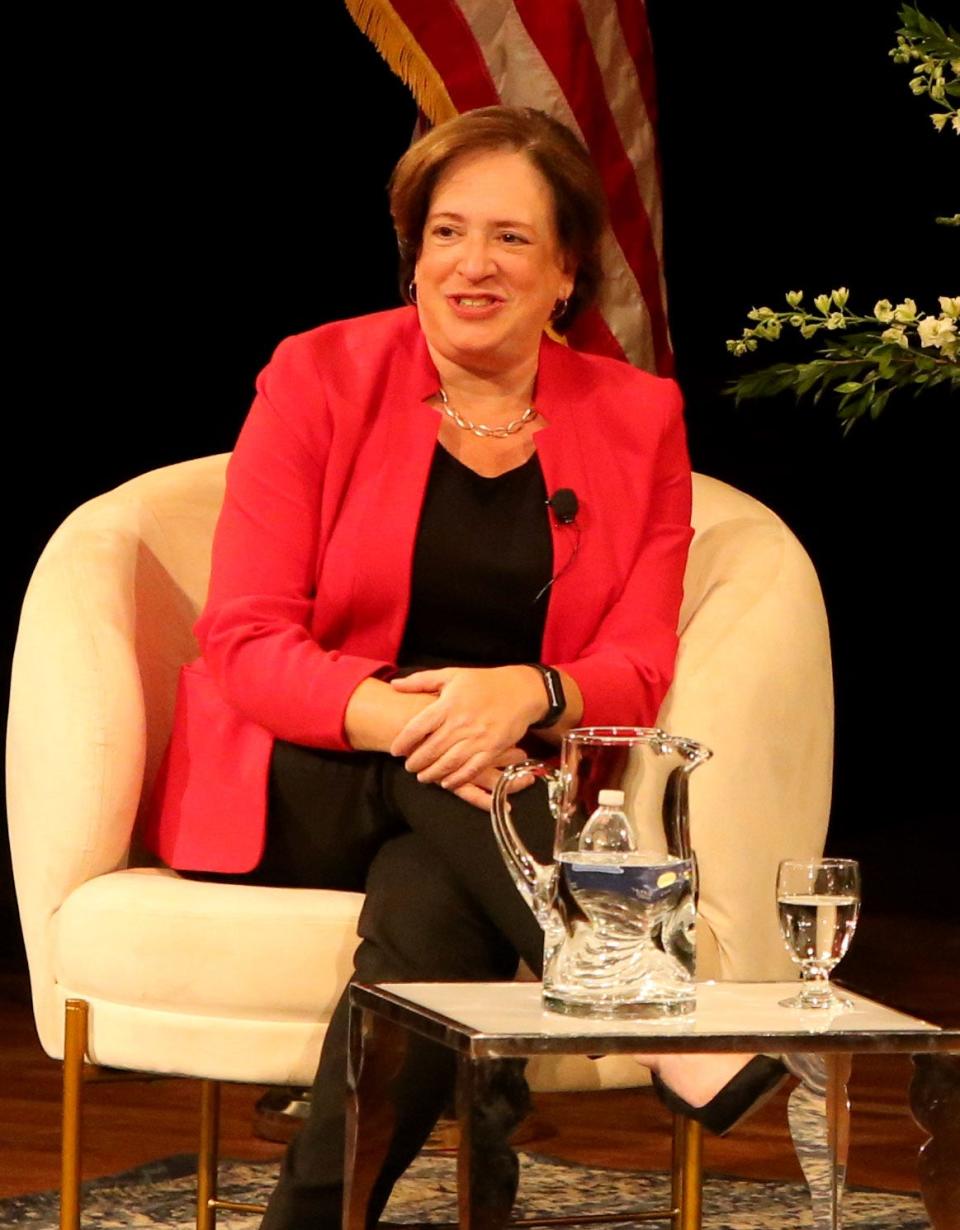 U.S. Supreme Court Associate Justice Elena Kagan smiles Friday, Sept. 22, 2023, during a conversation on democracy at the DeBartolo Performing Arts Center on the University of Notre Dame campus in South Bend.