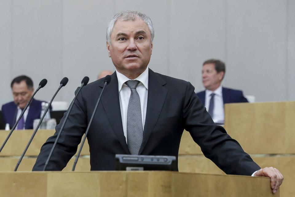 In this handout photo provided by The State Duma, The Federal Assembly of The Russian Federation, Speaker of the State Duma, the Lower House of the Russian Parliament, Vyacheslav Volodin speaks during a parliamentary session in Moscow, Russia, Wednesday, July 6, 2022. Volodin, a longtime Putin aide, warned Wednesday that Washington should remember that Alaska was part of Russia when it freezes Russian assets. (The State Duma, The Federal Assembly of The Russian Federation via AP)