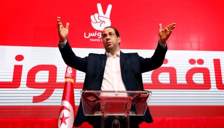 Tunisia's Prime Minister Youssef Chahed, leader of the secular Tahya Tounes party, speaks during a rally in Tunis