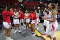 Puerto Rico players celebrate after defeating South Korea in their game at the women's Basketball World Cup in Sydney, Australia, Tuesday, Sept. 27, 2022. (AP Photo/Mark Baker)