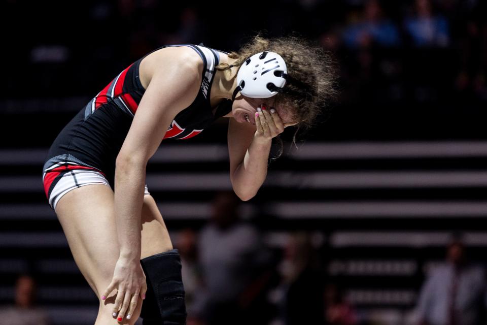 Uintah’s Chanley Green cries after winning the 110 state championship in the 4A Girls Wrestling State Championships at the UCCU Center in Orem on Thursday, Feb. 15, 2024. This was her third straight win. | Marielle Scott, Deseret News