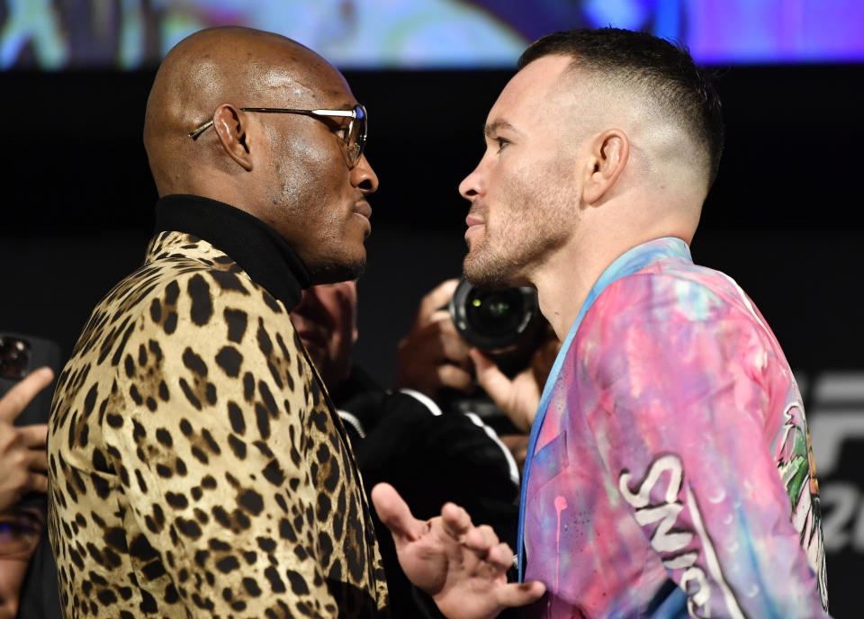 Opponents Kamaru Usman (pcitured left) and Colby Covington (pictuered right) face off during the UFC 268 press conference at The Hulu Theater at Madison Square Garden on November 04, 2021 in New York City.