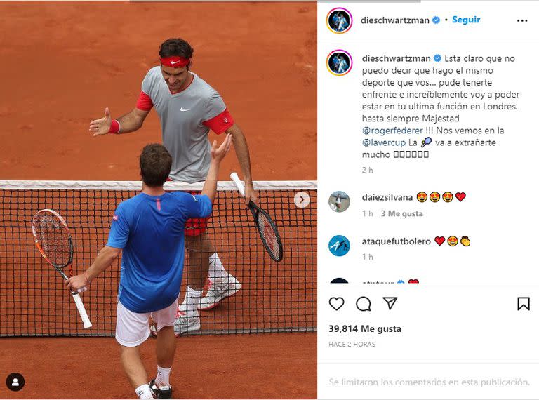 El "Peque" Schwartzman homenajeó a Roger Federer en Instagram (Foto: Instagram @dieschwartzman)