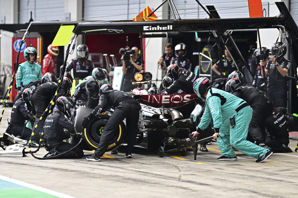 Mercedes driver Lewis Hamilton of Britain gets a pit service during the Austrian Formula One Grand Prix race at the Red Bull Ring racetrack in Spielberg, Austria, Sunday, June 30, 2024. (AP Photo/Christian Bruna, Pool)