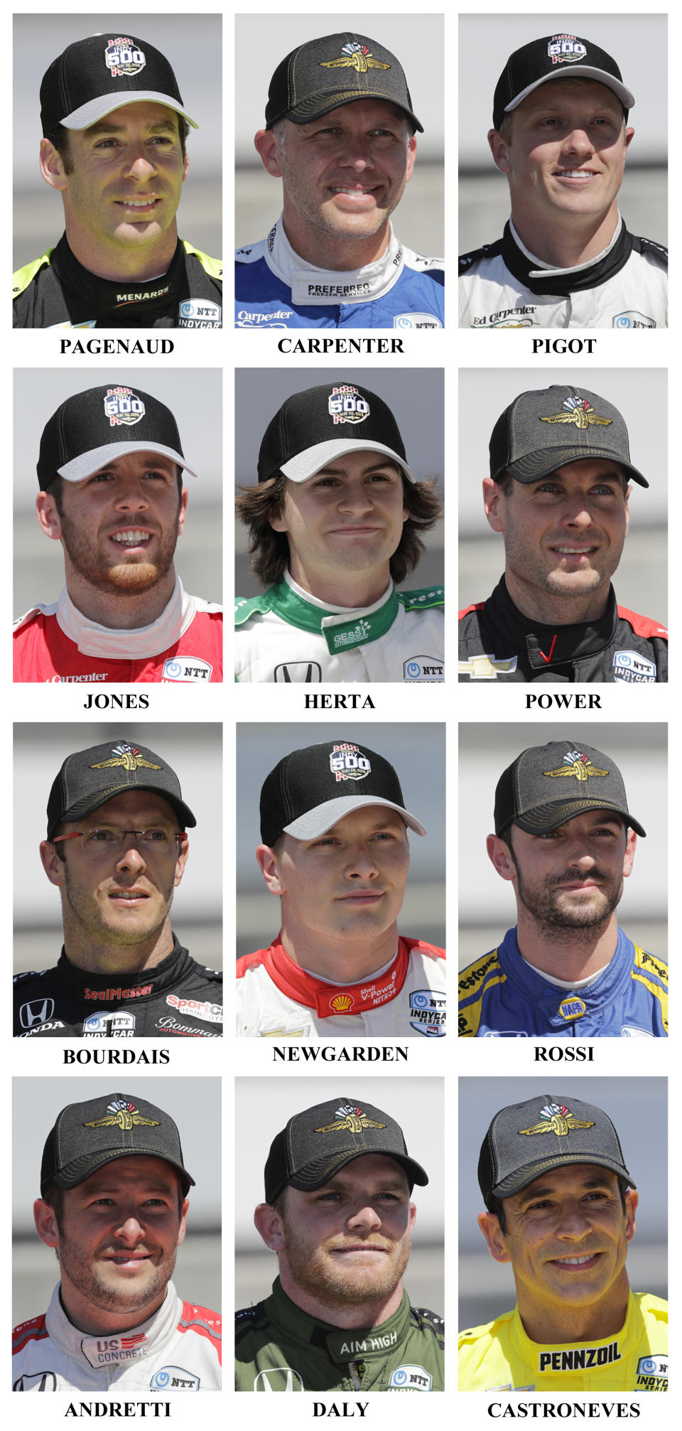 Drivers in the starting field for the May 26 Indianapolis 500 IndyCar auto race are shown after they qualified at the Indianapolis Motor Speedway in Indianapolis, Saturday, May 18, 2019. First row: Simon Pagenaud, of France, Ed Carpenter and Spencer Pigot. Second row: Ed Jones, of United Arab Emirates, Colton Herta and Will Power, of Australia. Third row: Sebastien Bourdais, of France, Josef Newgarden and Alexander Rossi. Fourth row: Marco Andretti, Conor Daly and Helio Castroneves, of Brazil. (AP Photo/Dave Parker)