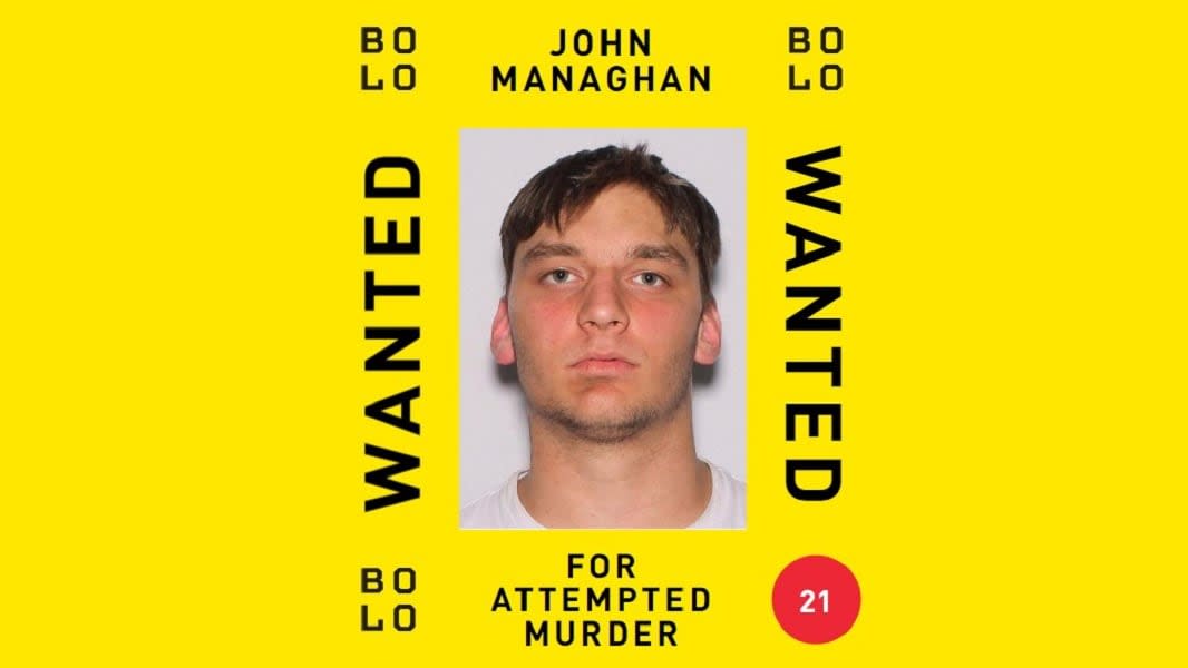 John Managhan, 25, of Windsor, in an image issued by the BOLO program. Managhan was being sought on a charge of attempted murder. (Windsor Police Service - image credit)