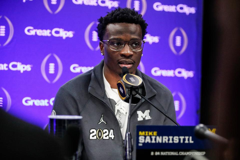 Michigan defensive back Mike Sainristil speaks during national championship game media day at George R. Brown Convention Center in Houston, Texas on Saturday, Jan. 6, 2024.