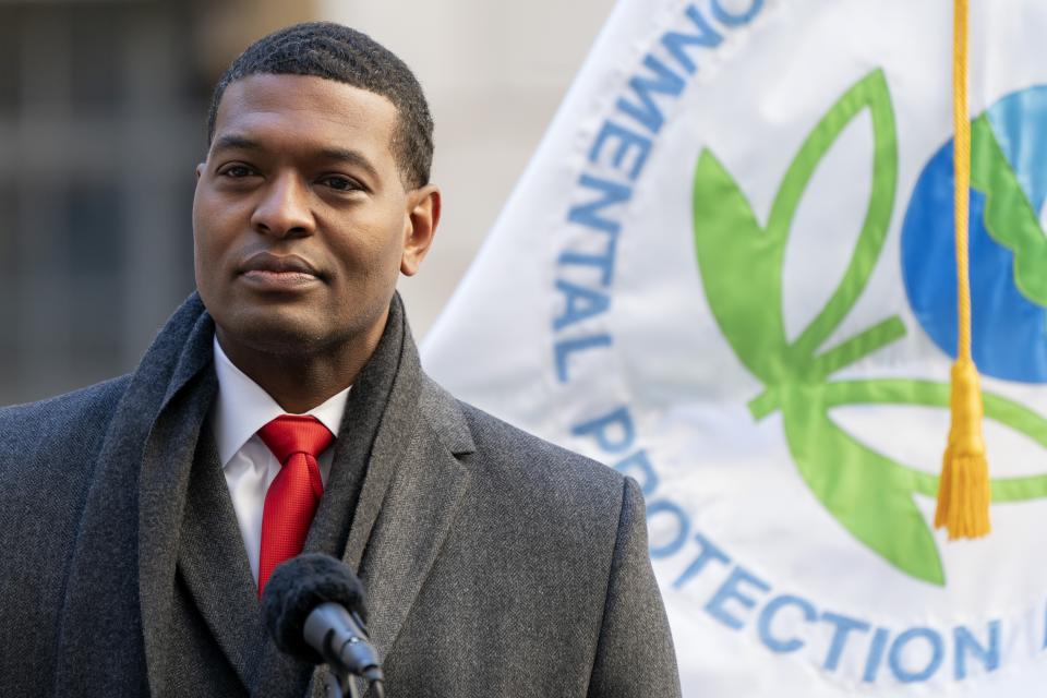 FILE - Environmental Protection Agency (EPA) Administrator Michael Regan speaks during an event ,Monday, Dec. 20, 2021, outside the EPA Headquarters, in Washington. Six Black members of President Joe Biden's Cabinet will be meeting for a Black History Month event Thursday highlighting their roles in the administration, some of which are historic firsts. (AP Photo/Jacquelyn Martin, File )