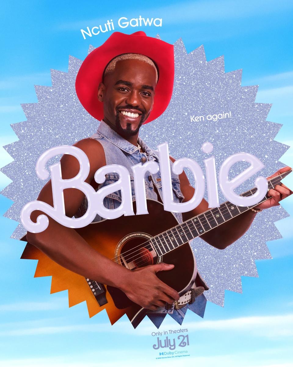 Ncuti Gatwa posing with a guitar next to the word 'Barbie', movie poster for an upcoming release
