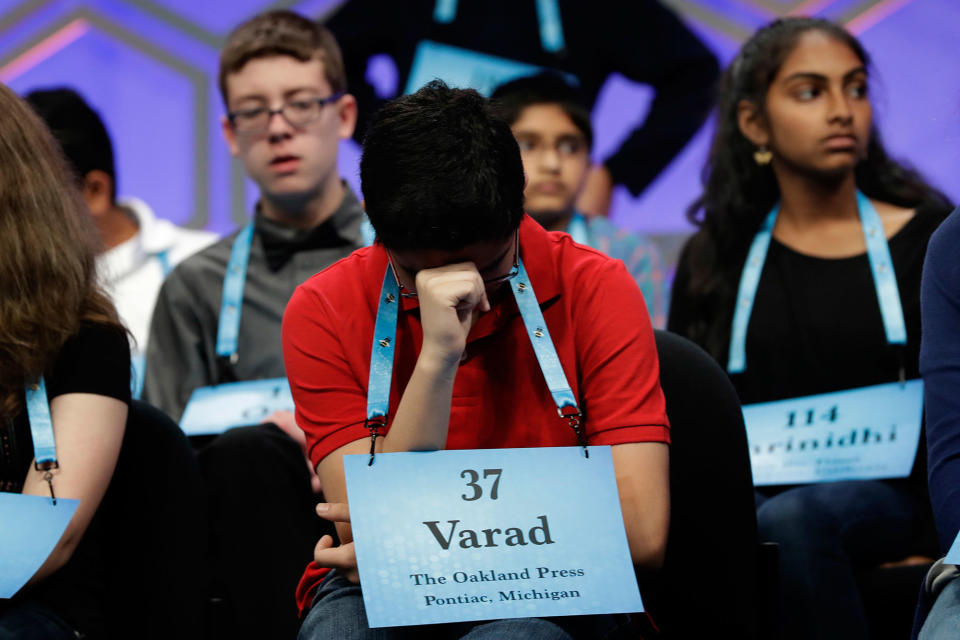 <p>Varad Mulay, 13, of Novi, Mich., listens to competition with other finalists in the 90th Scripps National Spelling Bee in Oxon Hill, Md., Thursday, June 1, 2017. (AP Photo/Jacquelyn Martin) </p>