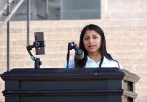  Santa Fe South High School student body president Lesly Fraire speaks at a Hispanic Cultural Day rally outside the Oklahoma State Capitol on Wednesday. (Photo by Nuria Martinez-Keel/Oklahoma Voice)