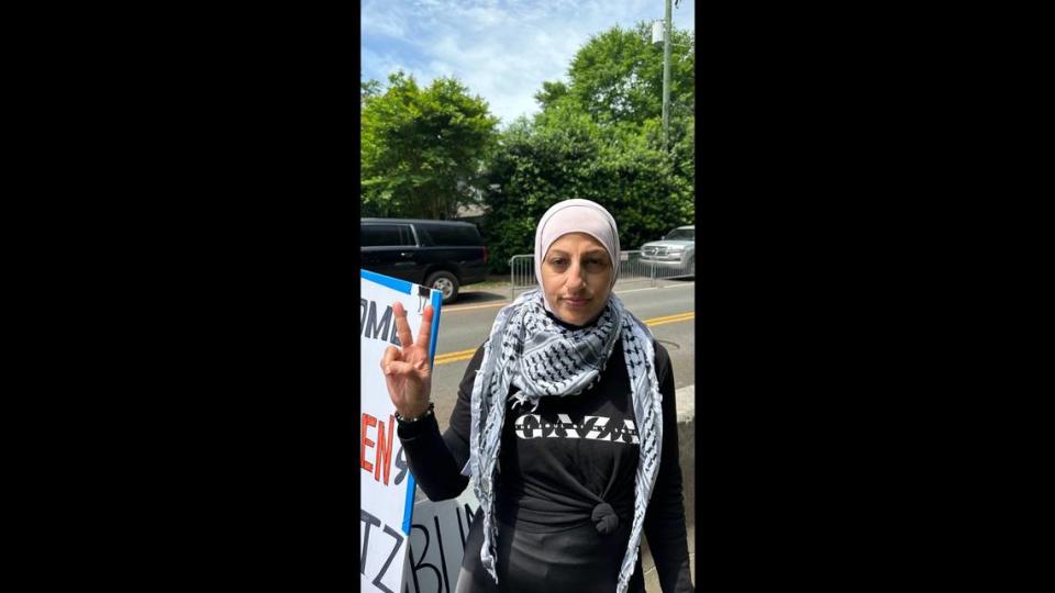 Sumer Mobarak of Manassas, Virginina, at her post Wednesday outside the home of Secretary of State Antony Blinken as part of the protest against the Israel-Hamas war. The previous day, Mobarak alleges, U.S. Rep. Mike Ezell of Pascagoula assaulted her while she was with another group questioning him about the war.