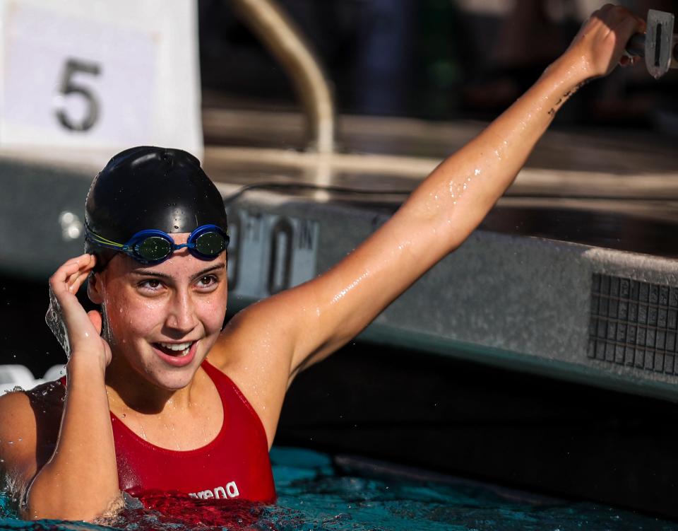 Xavier Prep’s Rachel McCafferty smiles after winning the girls 50-yard freestyle during the DEL individual swim finals at La Quinta High School in La Quinta, Calif., Thursday, April 28, 2022.