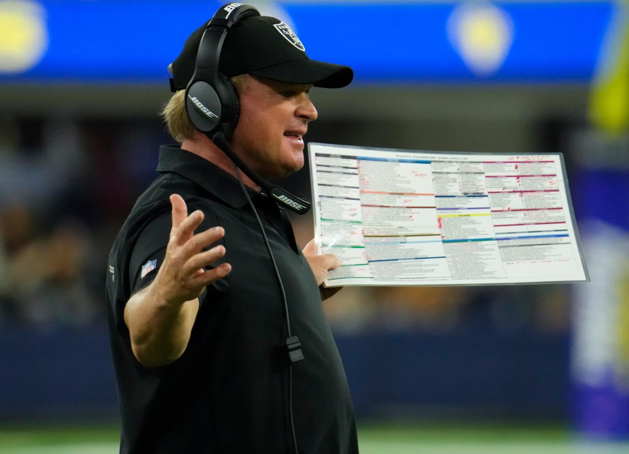 Aug 21, 2021; Inglewood, California, USA; Las Vegas Raiders head coach Jon Gruden gestures to referees during the third quarter against the Los Angeles Rams at SoFi Stadium. Mandatory Credit: Robert Hanashiro-USA TODAY Sports