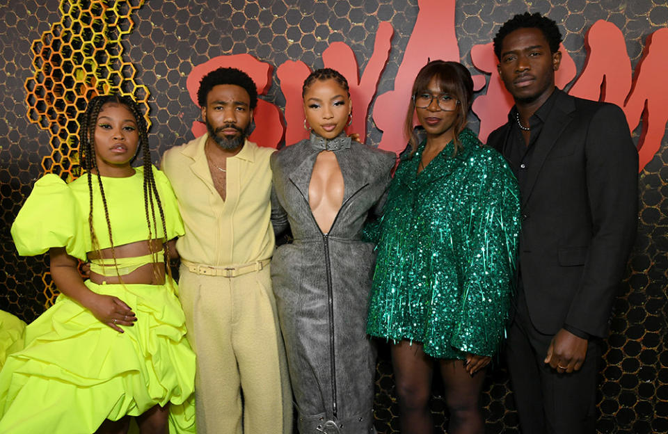 (L-R) Dominique Fishback, Donald Glover, Chloe Bailey, Janine Nabers and Damson Idris attend Los Angeles Premiere Of Prime Video's "Swarm" at Lighthouse Artspace LA on March 14, 2023 in Los Angeles, California.