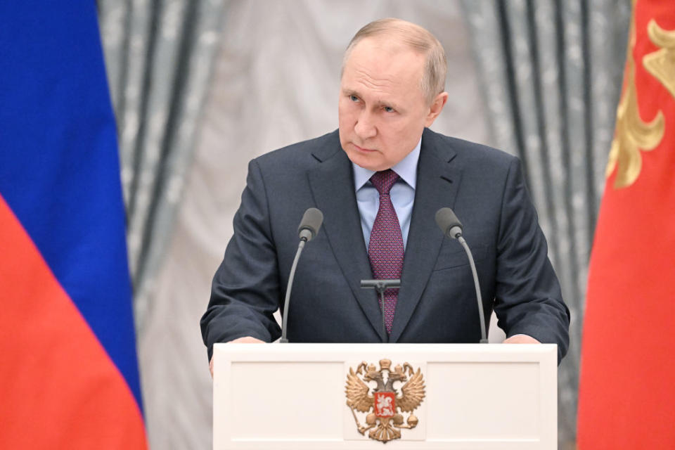 Russia's President Vladimir Putin gives comments to the media after a ceremony to sign a declaration on allied cooperation between Russia and Azerbaijan at Moscow's Kremlin. 