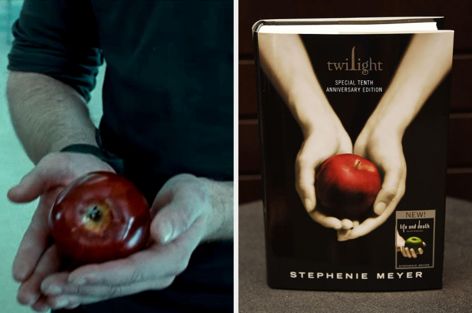 A side by side of Edward holding the apple in "Twilight" and the book cover