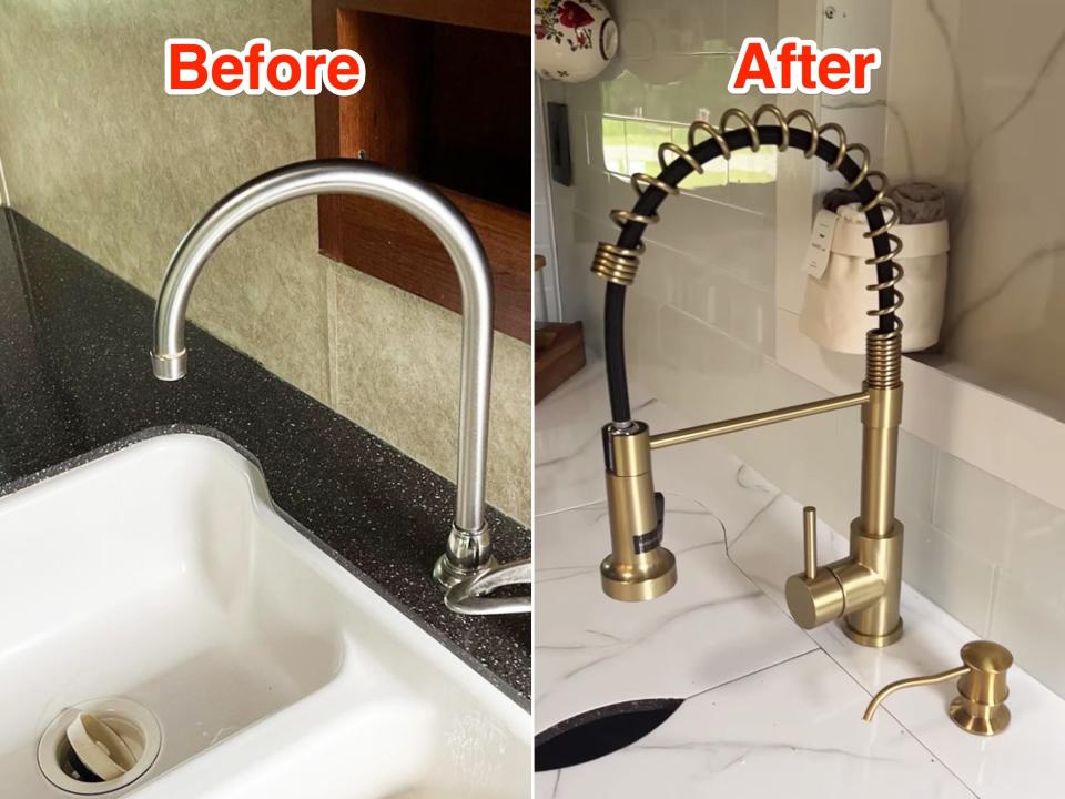 Before and after photos show the kitchen sink in the RV
