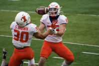 Illinois linebacker Jake Hansen (35) intercepts a Nebraska pass as defensive back Sydney Brown (30) reaches out during the second half of an NCAA college football game in Lincoln, Neb., Saturday, Nov. 21, 2020. Illinois won 41-23. (AP Photo/Nati Harnik)