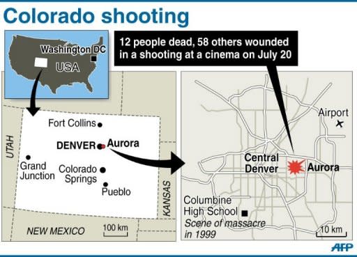 Map of the US state of Colorado locating Aurora, where suspected gunman James Holmes shot dead 12 people and left 58 others wounded at a cinema on Friday