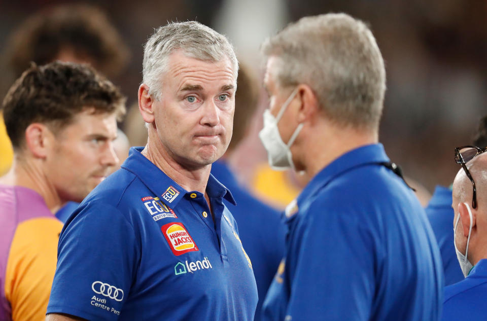 Seen here, West Coast Eagles coach Adam Simpson looks on during an AFL game in 2022.